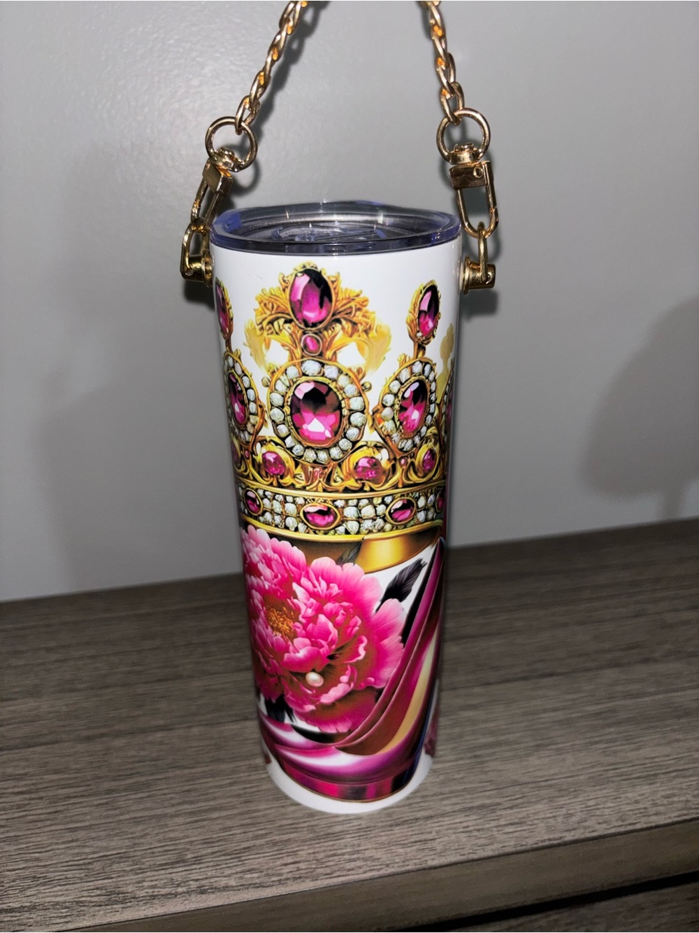 Hand Made Pink Floral & Gold Crown Tumbler